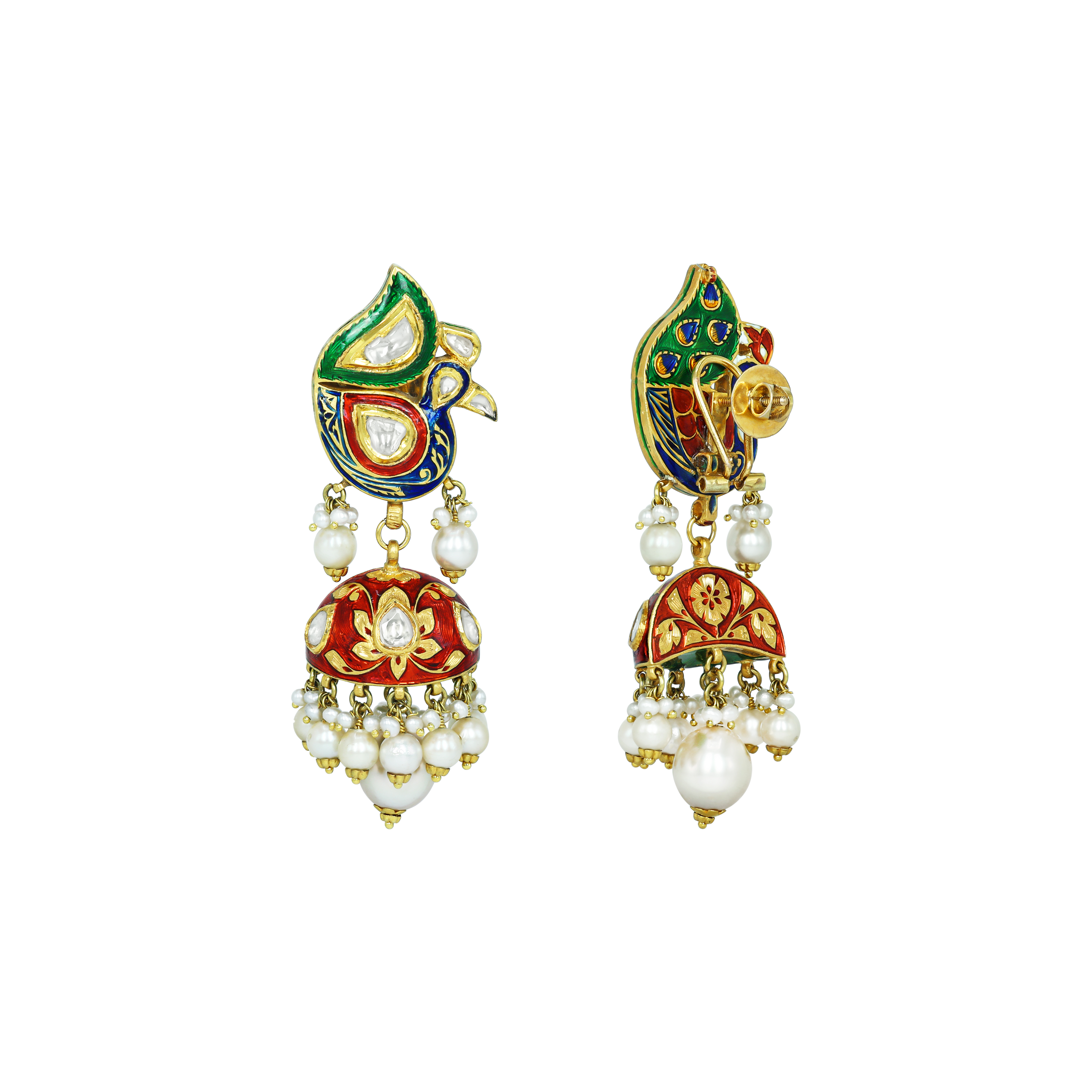 Peacock Motif Enamel Necklace Set with Polki and Pearl Drops